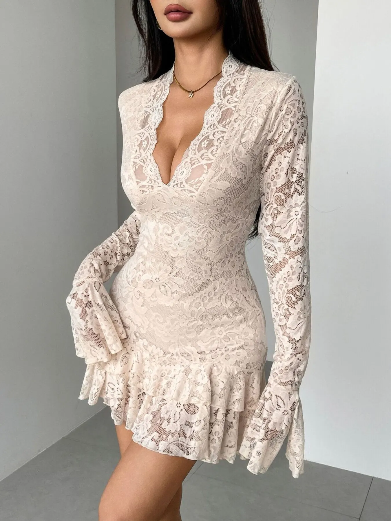 Lace Ruffle Hem Mini Dress