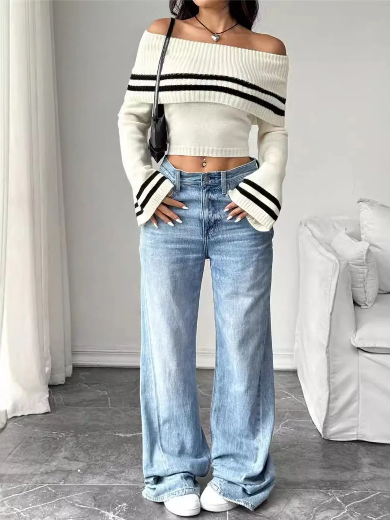 Ribbed Off-Shoulder Striped Knit Top 6