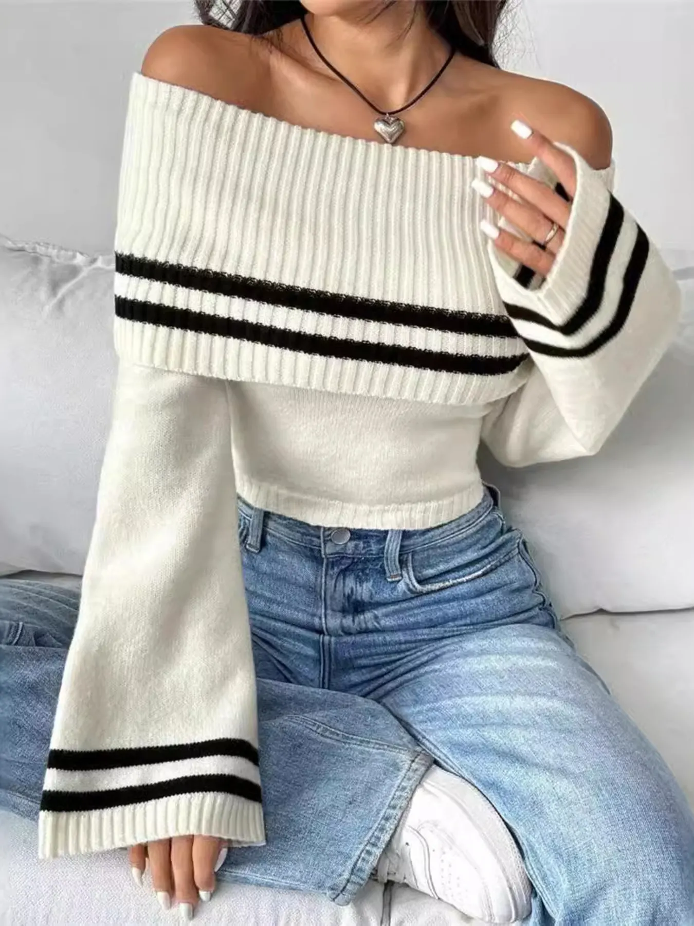 Ribbed Off-Shoulder Striped Knit Top 4