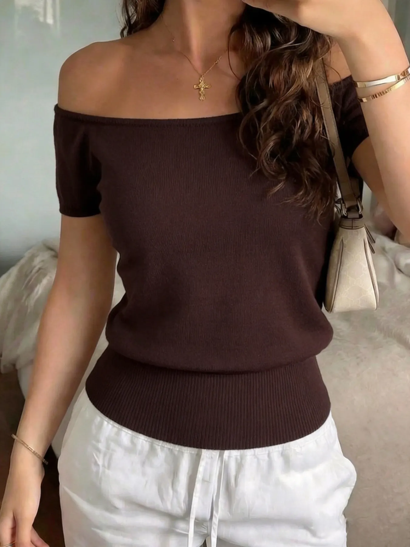 Off-Shoulder Short Sleeve Knit Top 2