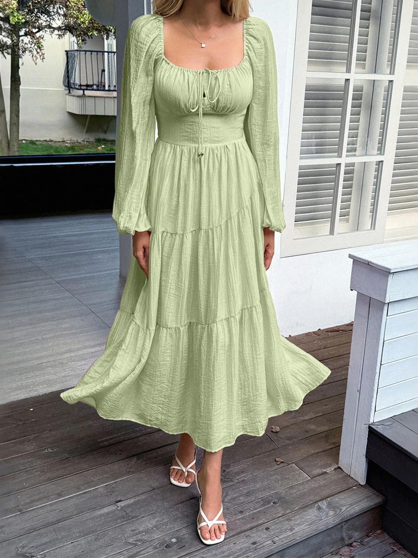 Tiered Balloon Sleeve Midi Dress 10