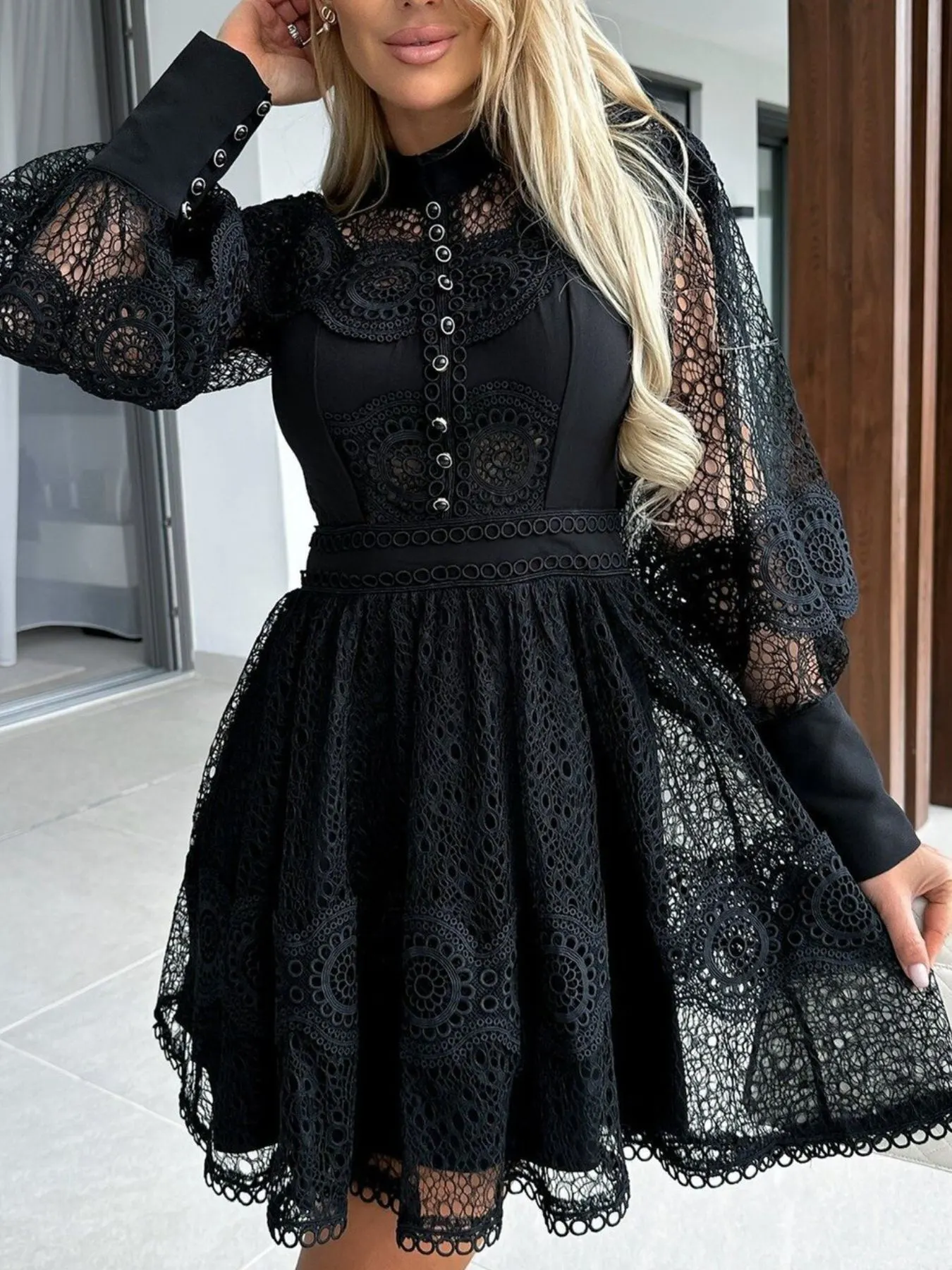 Lace Lantern Sleeve Mini Dress 10