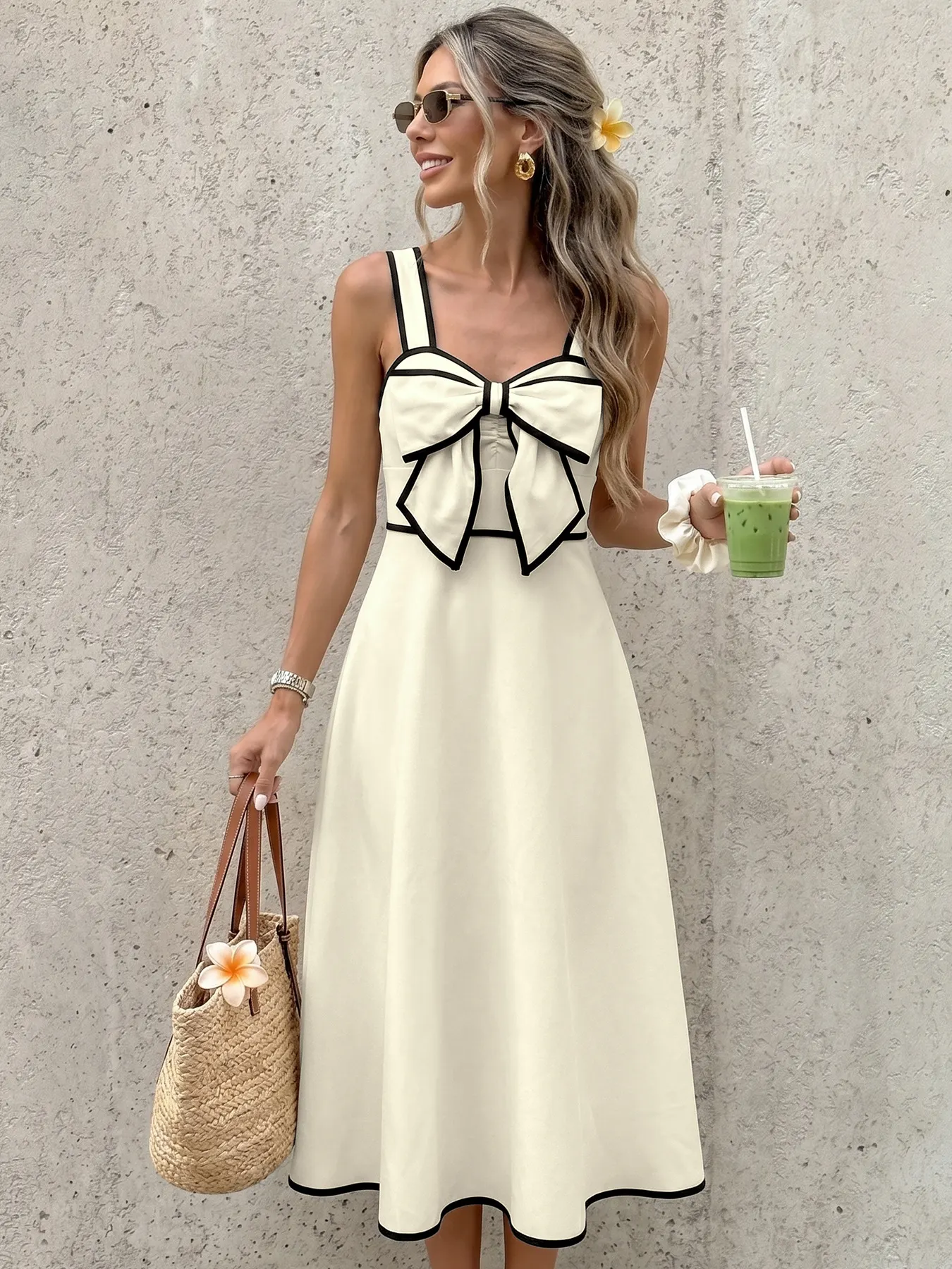 Bowknot Trim A-Line Midi Dress 2