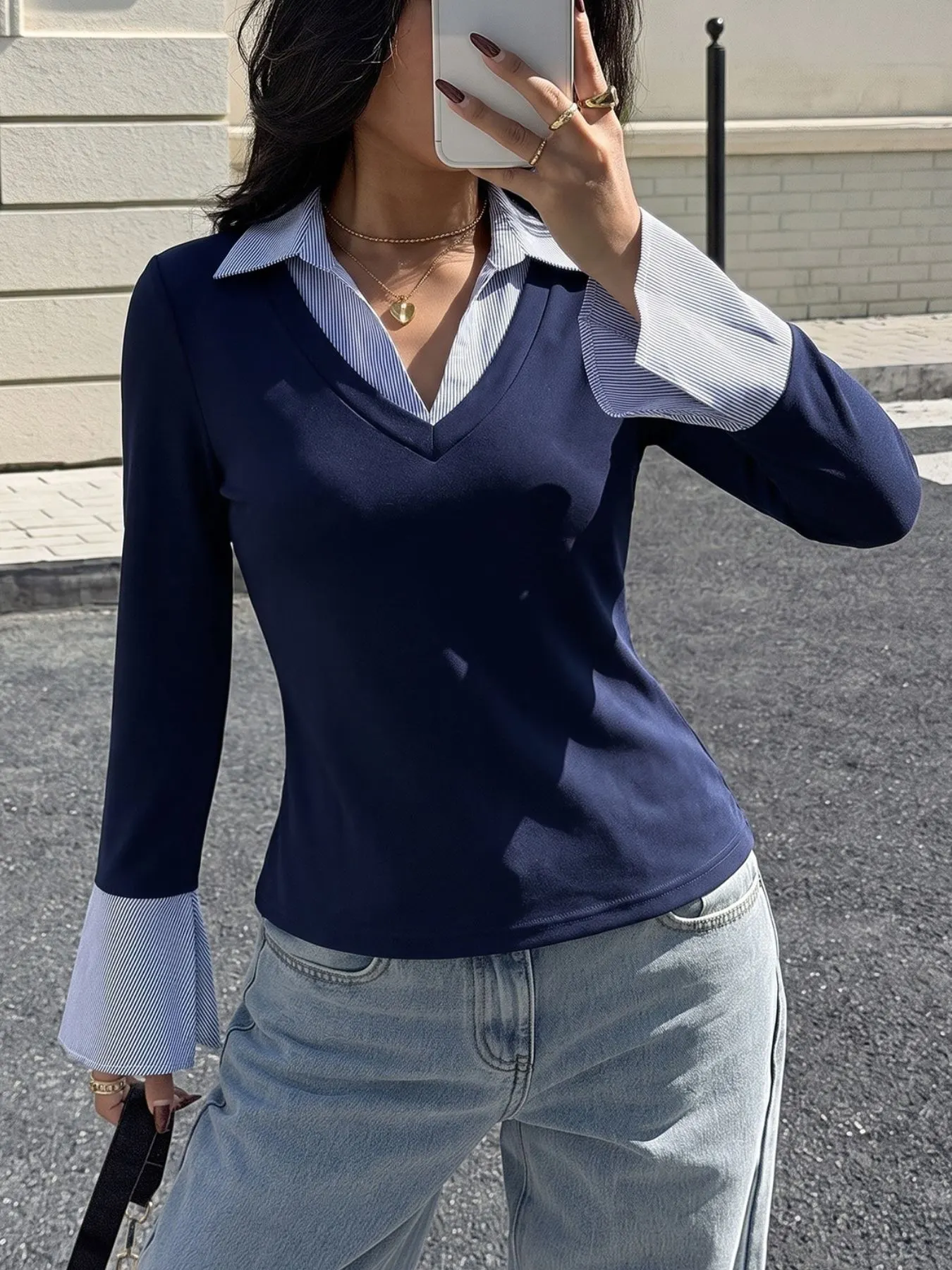 Contrast Collar Long Sleeve Top