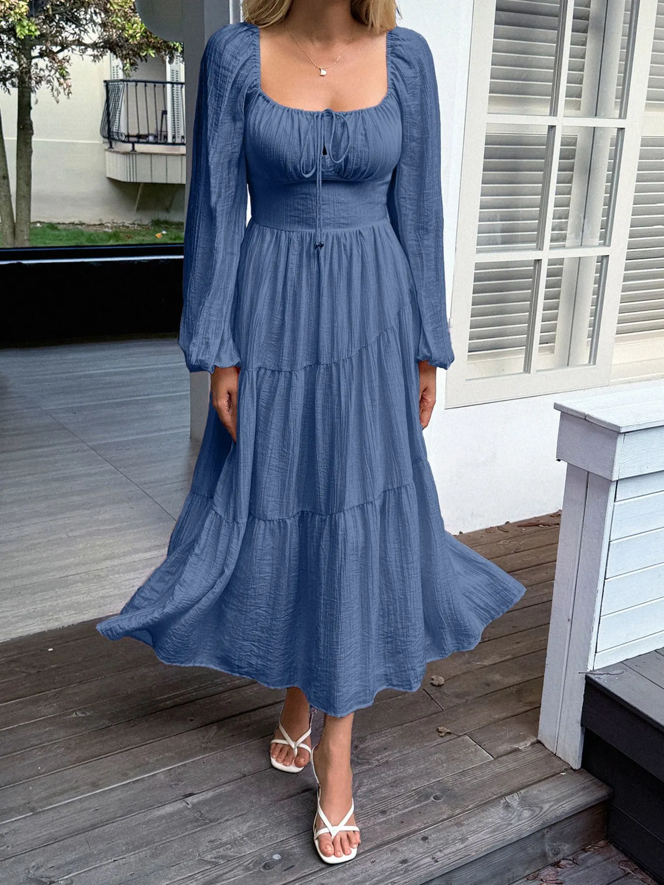 Tiered Balloon Sleeve Midi Dress 8
