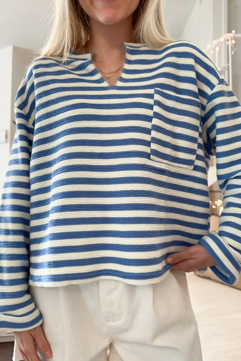 Stripe Chest Pocket Notched Top 3