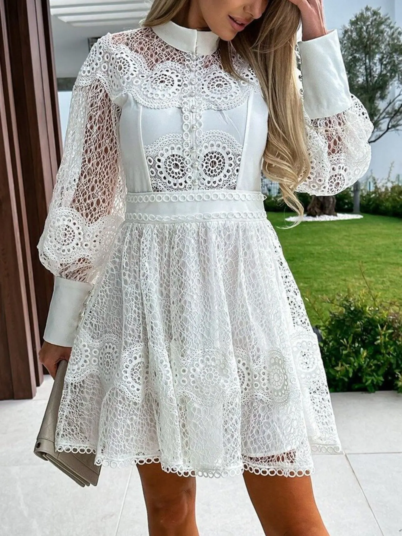 Lace Lantern Sleeve Mini Dress 6