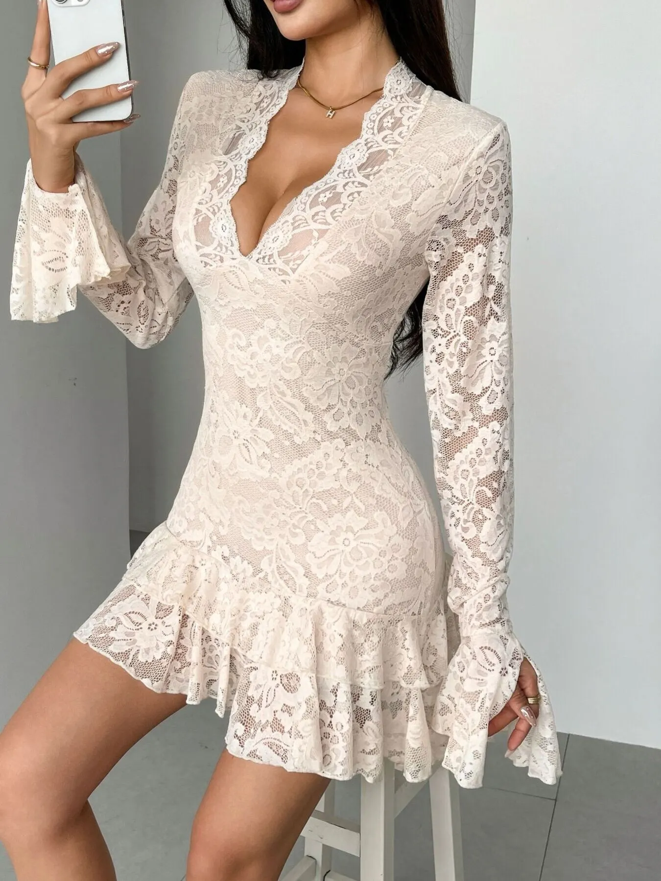Lace Ruffle Hem Mini Dress 3