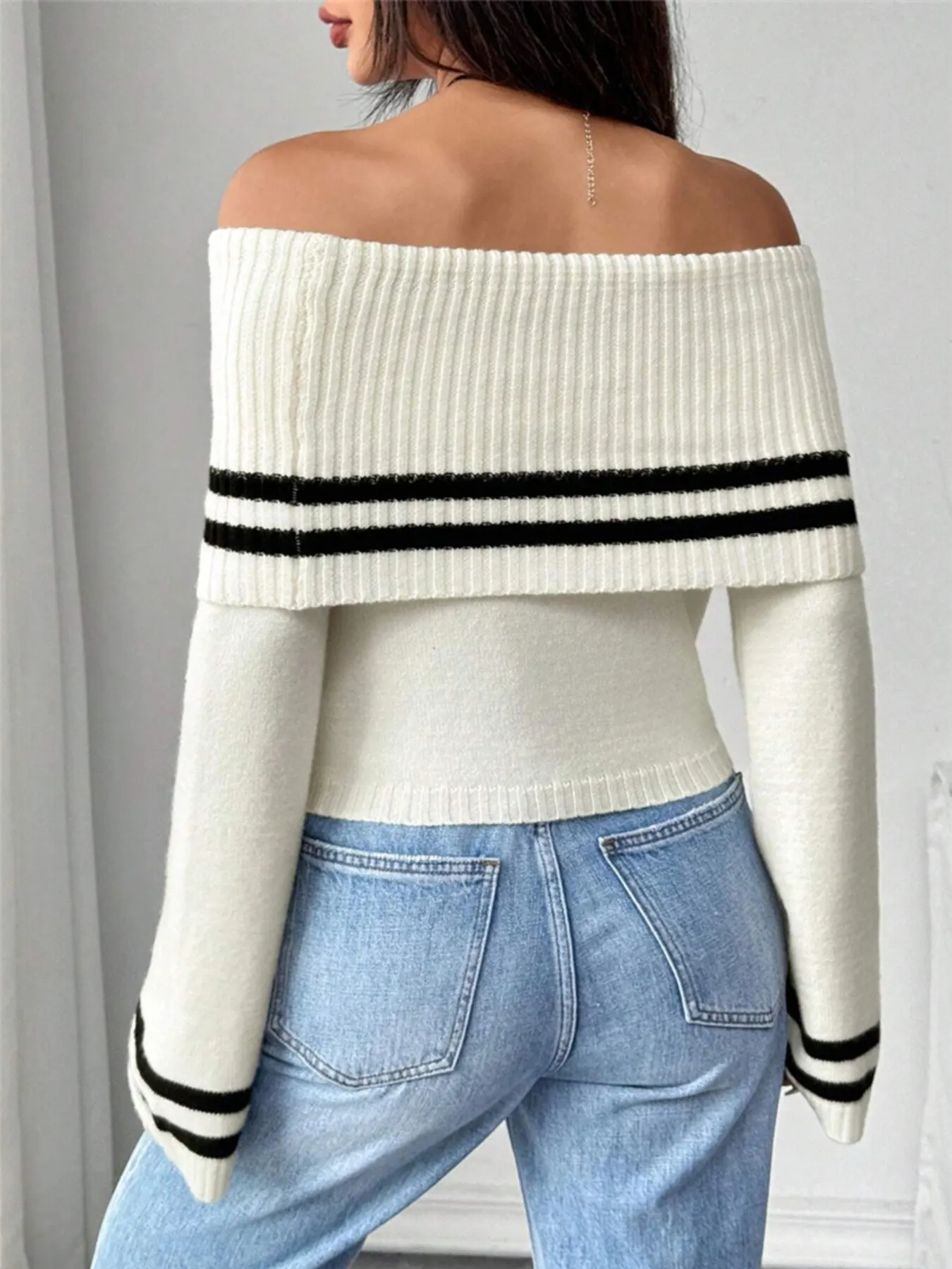 Ribbed Off-Shoulder Striped Knit Top 3