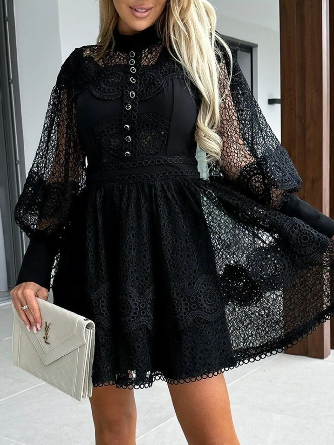 Lace Lantern Sleeve Mini Dress 11