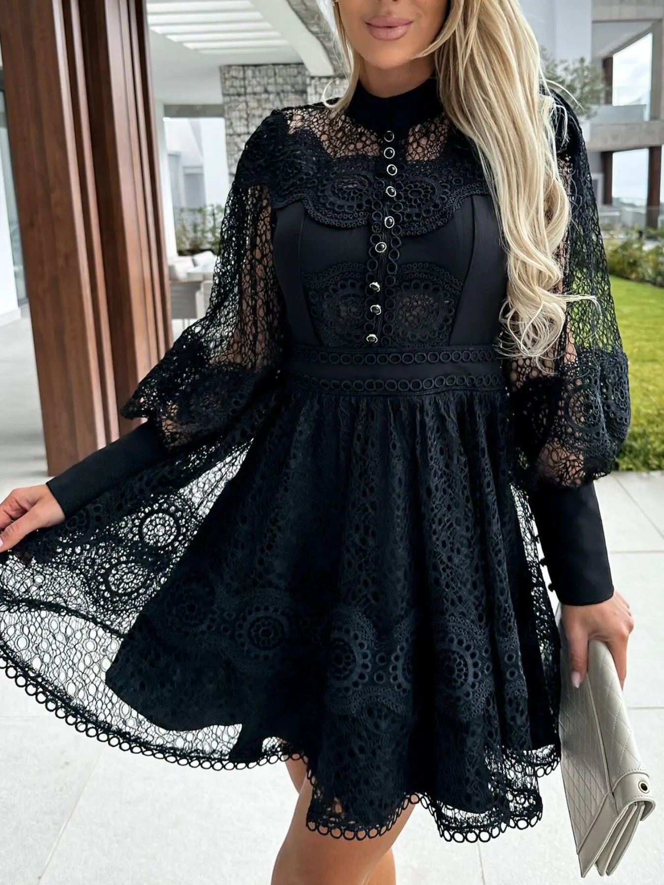 Lace Lantern Sleeve Mini Dress 8