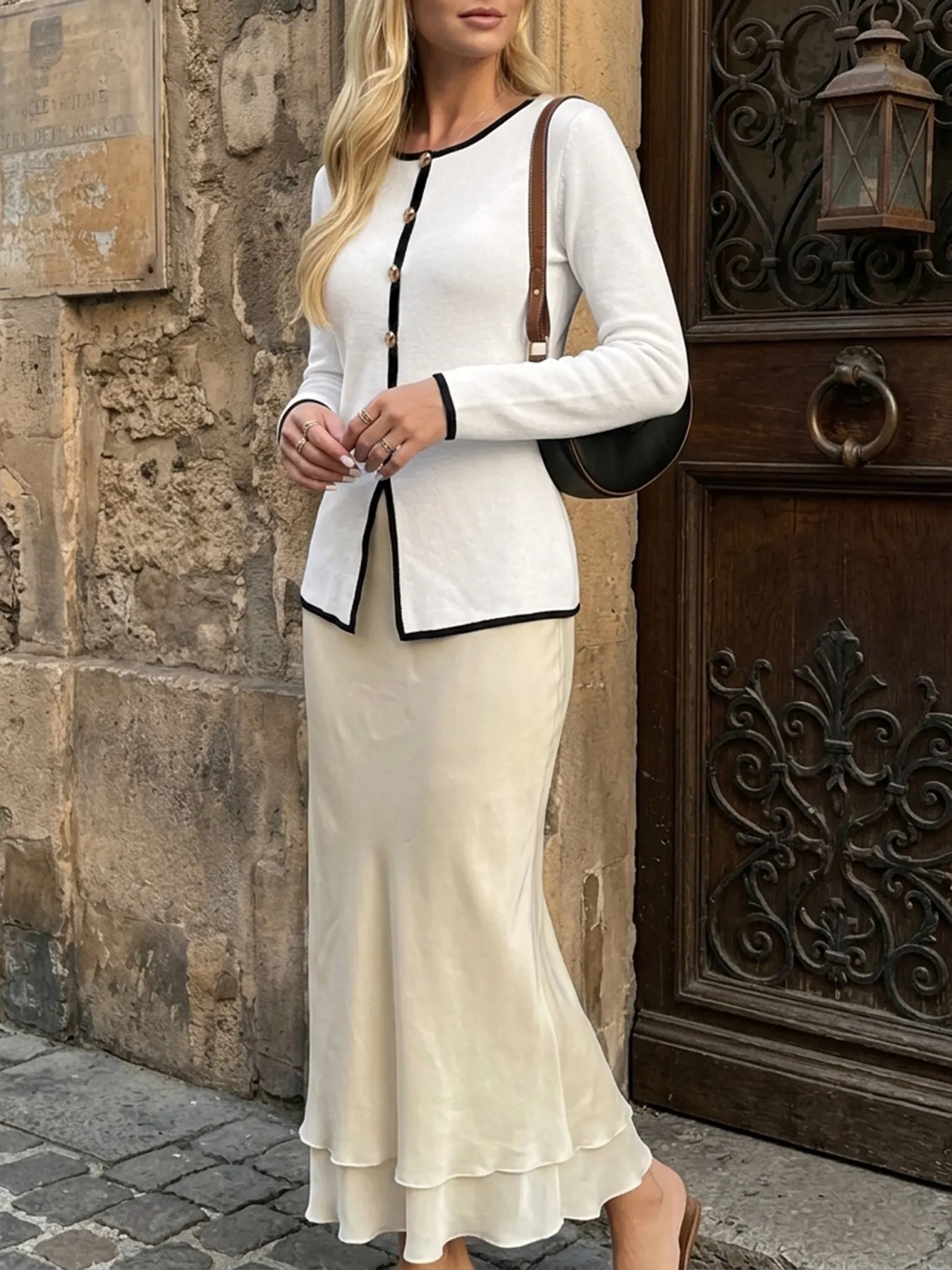 Contrast Trim Button Decor Knit Top 5
