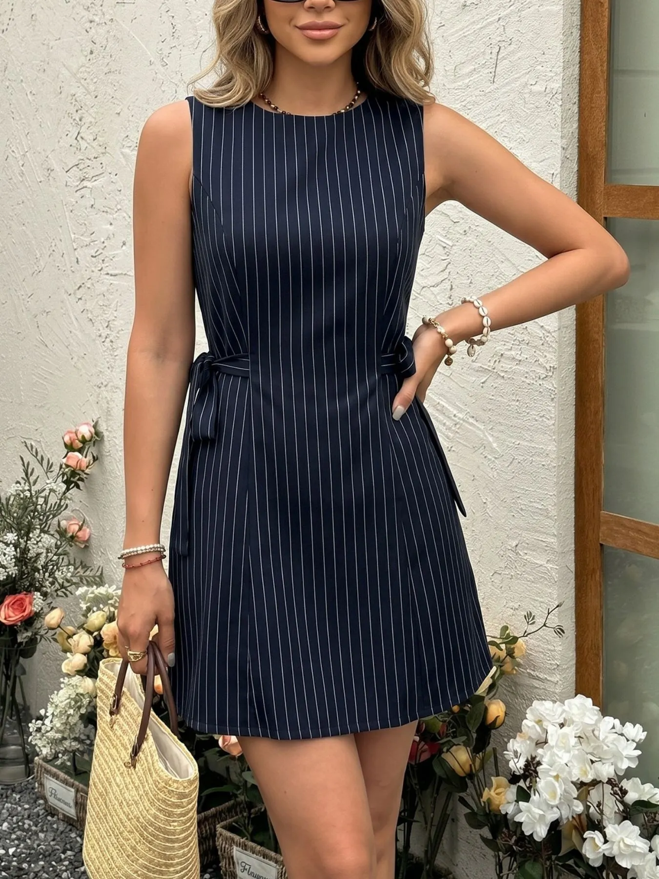 Striped Sleeveless Tie Waist Dress