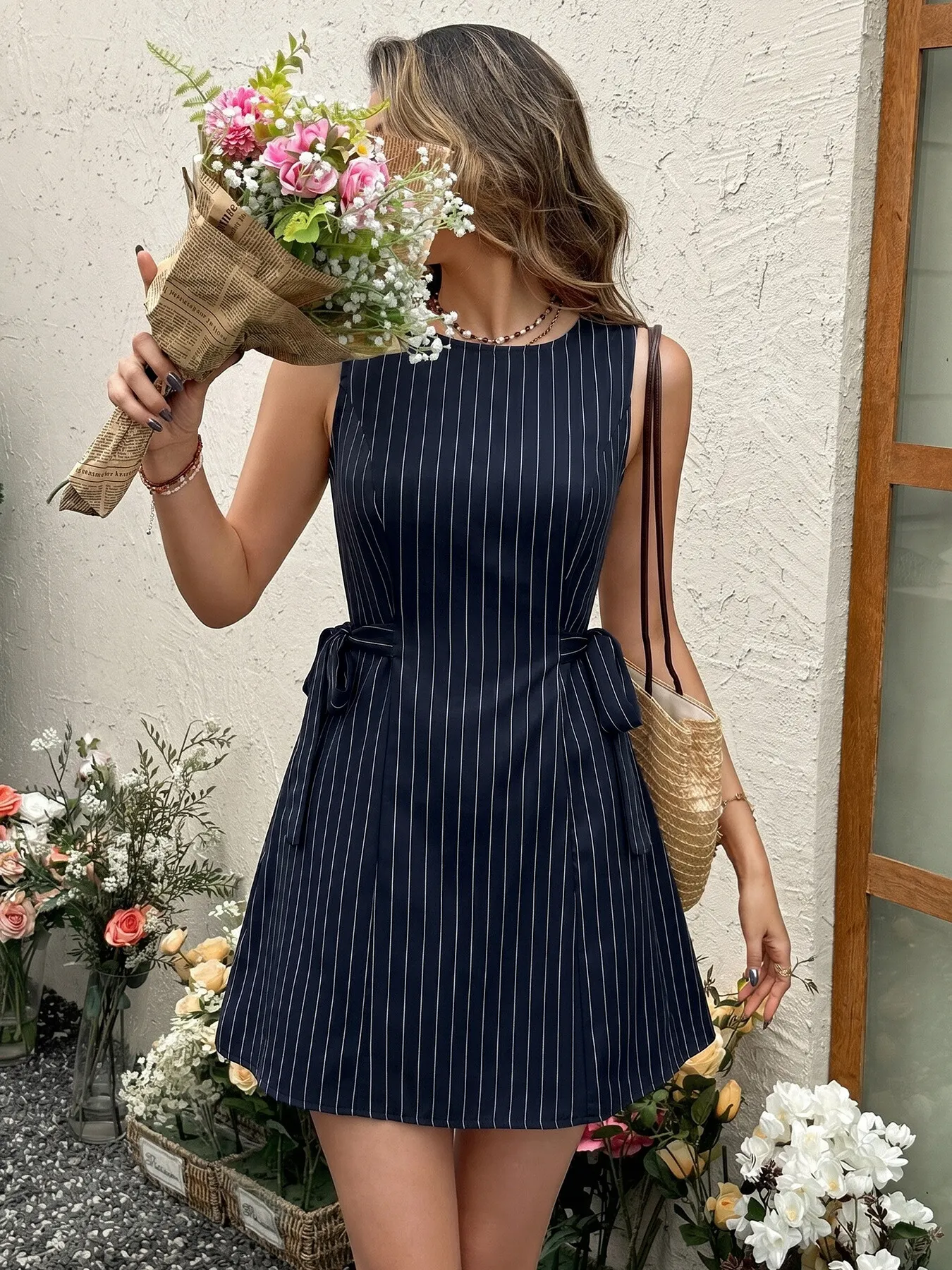 Striped Sleeveless Tie Waist Dress 4
