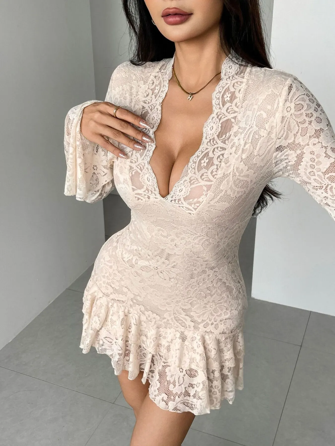 Lace Ruffle Hem Mini Dress 5
