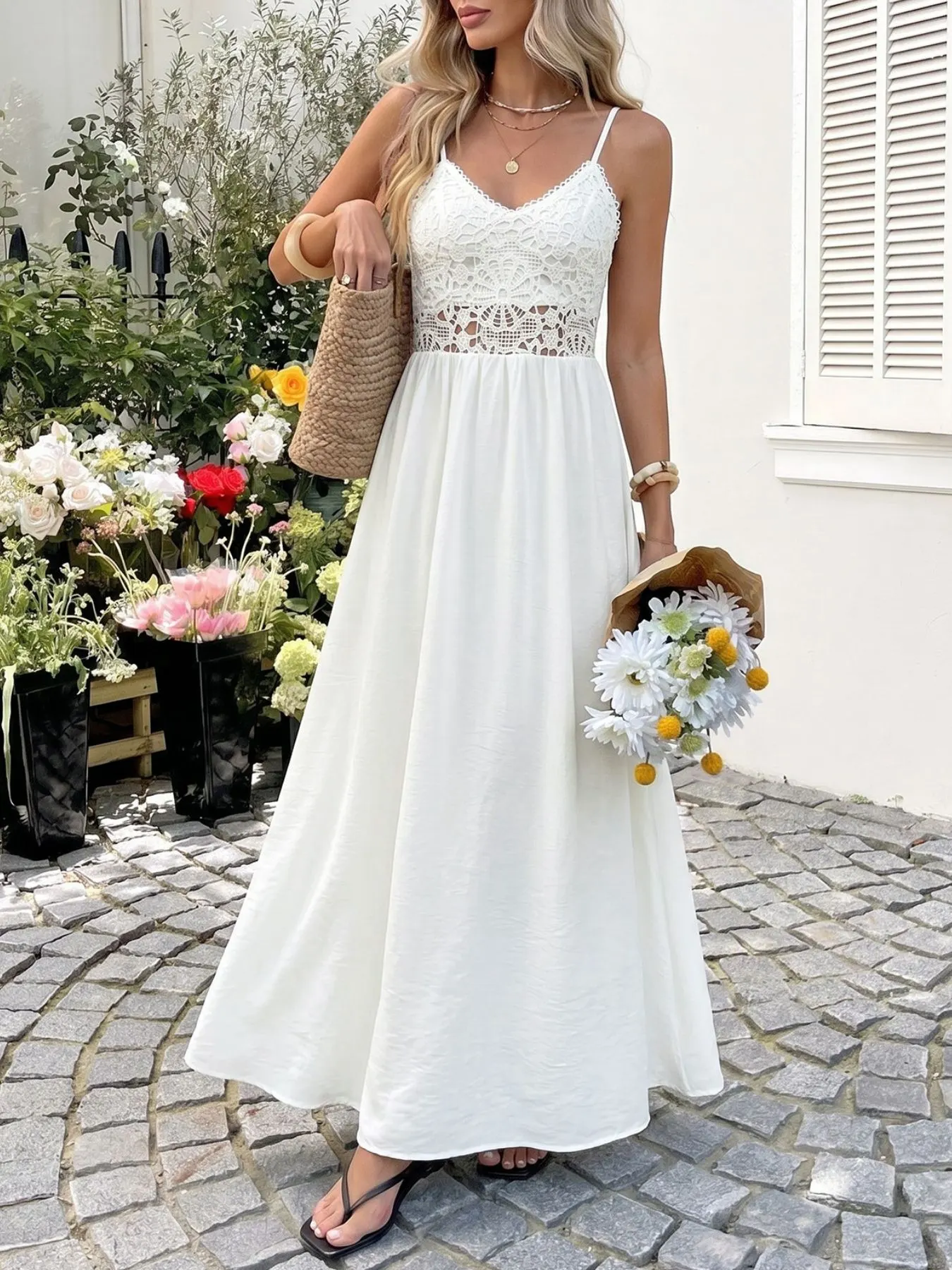 Lace V-Neck Flowy Maxi Dress
