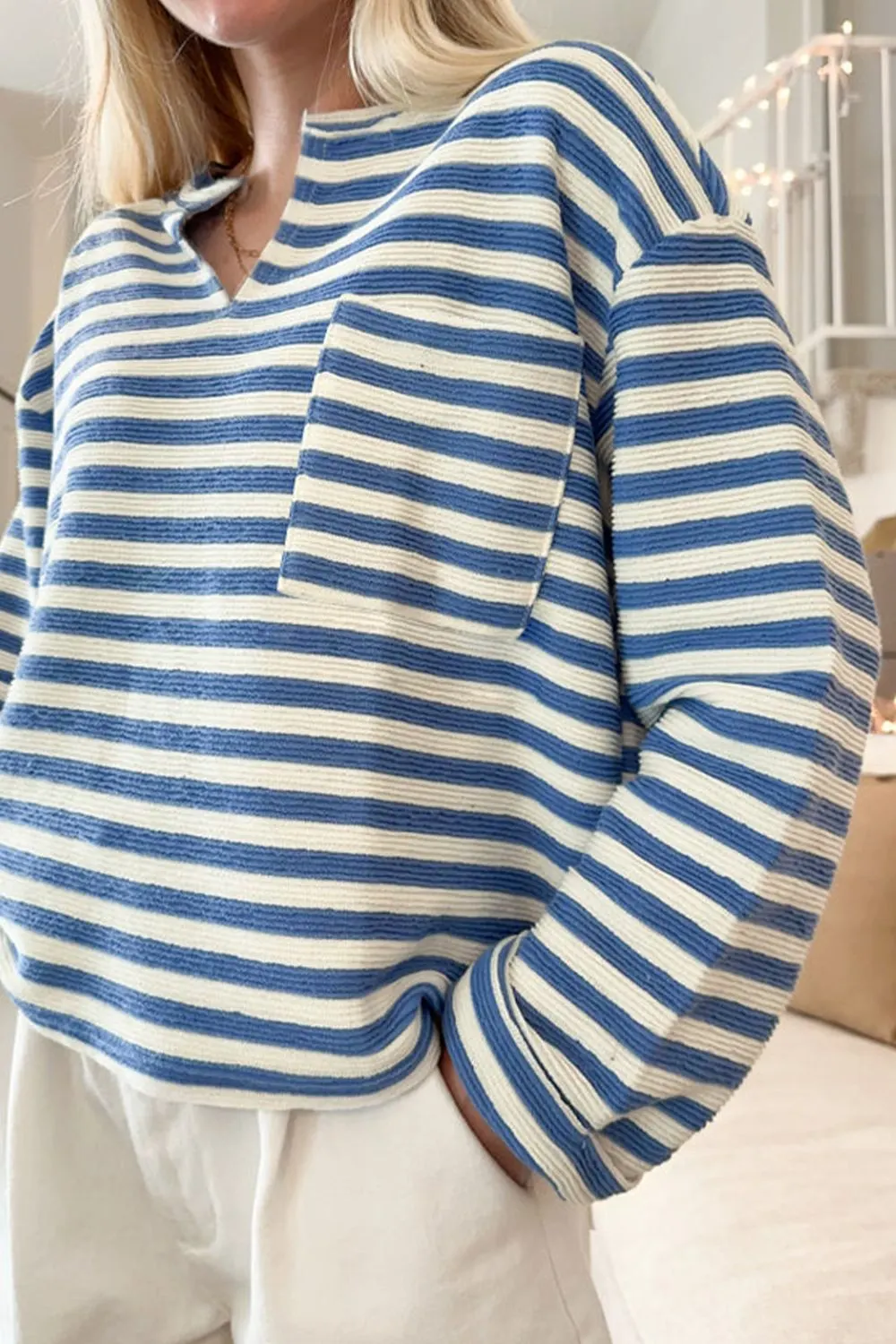 Stripe Chest Pocket Notched Top 2